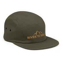  5 panel retro vintage style olive camp hat with River to Ridge logo stitched in gold