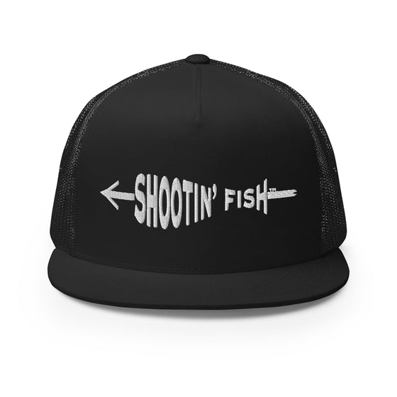 Shootin Fish Logo from River to Ridge Brand, black hat in trucker style with mesh back and has an arrow from bowfishing shooting through the words