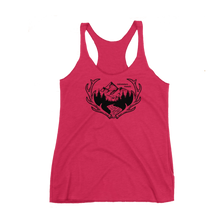  Hot pink tank top with adventure awaits logo on it with elk antler sheds and a mountain and river