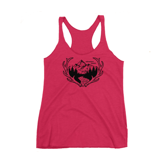 Hot pink tank top with adventure awaits logo on it with elk antler sheds and a mountain and river
