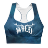 Watercolor WILD compression sports bra with elk antlers. For women in medium to high intensity work outs. from river to ridge