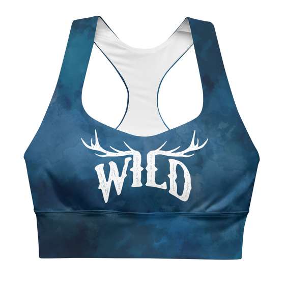 Watercolor WILD compression sports bra with elk antlers. For women in medium to high intensity work outs. from river to ridge