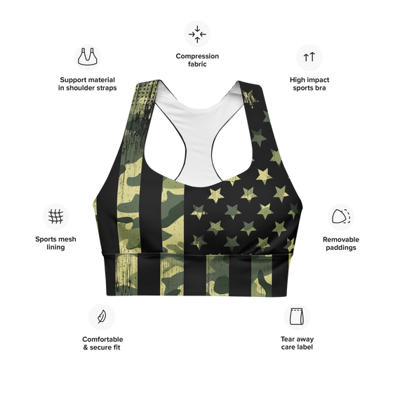 Camo flag high intensity compression sports bra for women with list of the features like padding and support
