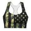 Camo Flag Compression Sports Bra for high impact work outs, patriotic with v neck and T back. River to ridge brand