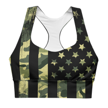  Camo Flag Compression Sports Bra for high impact work outs, patriotic with v neck and T back. River to ridge brand