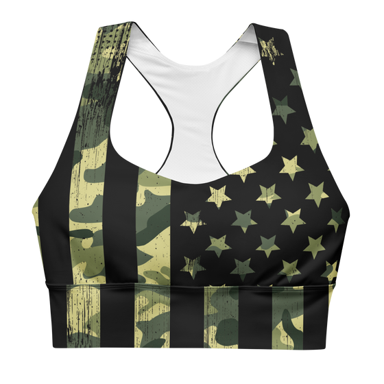 Camo Flag Compression Sports Bra for high impact work outs, patriotic with v neck and T back. River to ridge brand