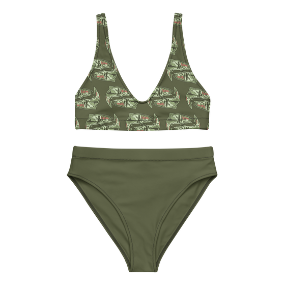 Fishing logo bikini with trout on it in olive with a high waist from River To Ridge Brand