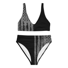  High Waist swimsuit from River to Ridge Brand with grey and black USA flag on it, patriotic