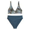 high waist bikini 2 piece from river to ridge brand, blue bottoms with a turkey feather pattern padded top
