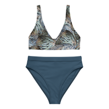  high waist bikini 2 piece from river to ridge brand, blue bottoms with a turkey feather pattern padded top