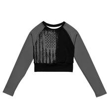  River to Ridge crop top rash guard shirt in grey and black with the USA flag on it