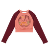 desert camping logo crop top upf shirt for women in peach and maroon and it has a tent and cactus and sedona arizona red rocks and a campfire on it