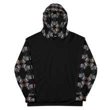  Turkey Hoodie in black with strutting male gobbler all over the sleeves and hood, unisex pullover - from River to Ridge Clothing Brand