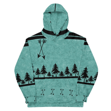  Hoodie in teal with arrow and tree designs on it, archery themed hoodie for women