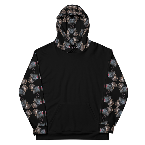 Womens hoodie in black with an all over turkey hunting gobbler print on hood and sleeves from River to Ridge Clothing Brand