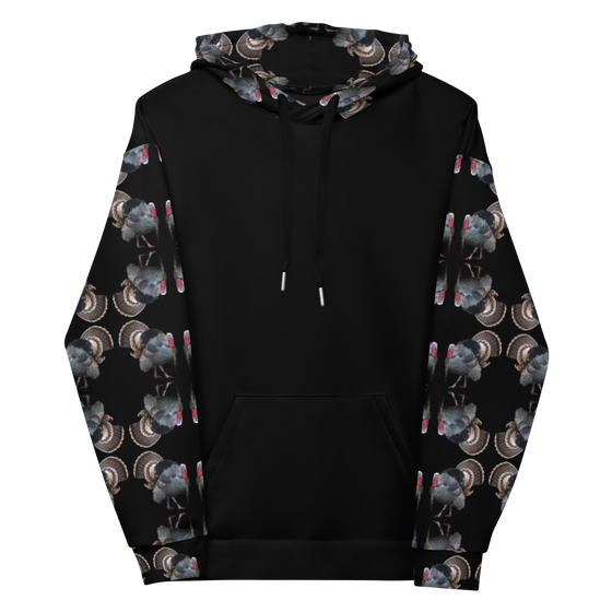Womens hoodie in black with an all over turkey hunting gobbler print on hood and sleeves from River to Ridge Clothing Brand