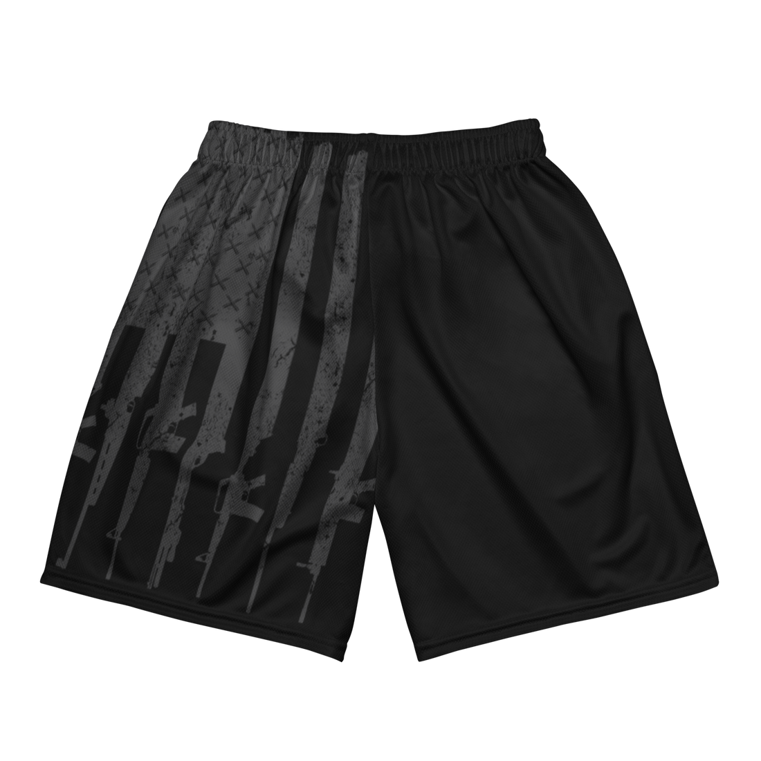  Men's Tactical Pattern Mesh Gym Shorts in black with gunmetal grey rifles and pockets, River to Ridge Brand