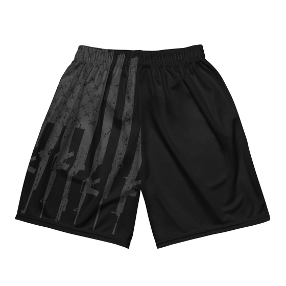 Men's Tactical Pattern Mesh Gym Shorts in black with gunmetal grey rifles and pockets, River to Ridge Brand