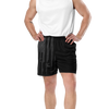 close up of a muscular man wearing gym shorts with a tactical gunmetal pattern on them in black for river to ridge brand and a white muscle tank