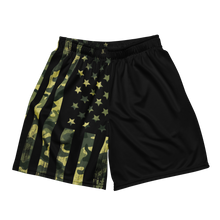  Mens gym shorts in mesh from river to ridge clothing brand, black with a camo flag pattern on one leg