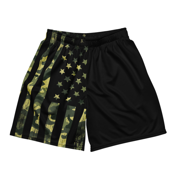 Mens gym shorts in mesh from river to ridge clothing brand, black with a camo flag pattern on one leg