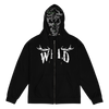 black zip up hoodie with WILD logo on it in white with elk antlers and a camo lined hood for women