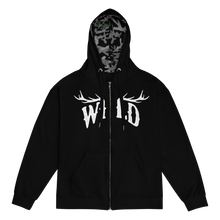  black zip up hoodie with WILD logo on it in white with elk antlers and a camo lined hood for women
