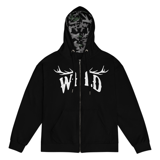 black zip up hoodie with WILD logo on it in white with elk antlers and a camo lined hood for women