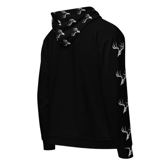 Whitetail Skull Hoodie in black from River to Ridge Clothing brand. Zip up unisex hoodie has deer skulls and antlers all over the hood and up one sleeve.