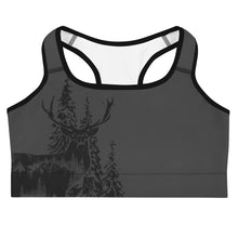  Womens sports bra in grey graphite with a woodland buck logo on it, red stag deer elk