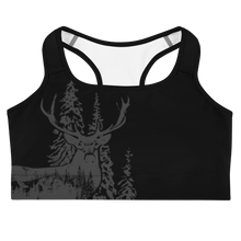  Woodland Logo Sports Bra with an Elk in the forest on activewear in black and grey