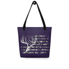  Whitetail Flag Logo from River to Ridge Brand Tote bag in purple with a camo flag and euro dead head deer