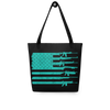 River to Ridge tote bag in black and teal with gun logos on it