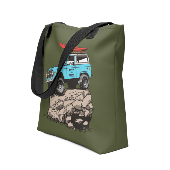River to Ridge Brand Tote Bag in olive with the Offroad Classic Logo. Featuring a vintage Bronco truck with big tires on a rock with a kayak on top
