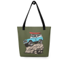 River to Ridge Brand Tote Bag in olive with the Offroad Classic Logo. Featuring a vintage Bronco truck with big tires on a rock with a kayak on top