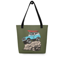  River to Ridge Brand Tote Bag in olive with the Offroad Classic Logo. Featuring a vintage Bronco truck with big tires on a rock with a kayak on top