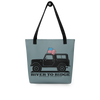 Vintage USA Logo Tote Bag in indigo blue from River to Ridge Clothing Brand. Features a drawing of a vintage bronco truck with an american USA flag