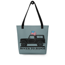  Vintage USA Logo Tote Bag in indigo blue from River to Ridge Clothing Brand. Features a drawing of a vintage bronco truck with an american USA flag