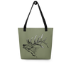 Elk Logo Tote Bag from River to Ridge Clothing Brand featuring a bugling elk with large antlers on an olive green bag 