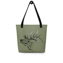  Elk Logo Tote Bag from River to Ridge Clothing Brand featuring a bugling elk with large antlers on an olive green bag 