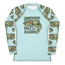  somewhere over the rainbow trout fishing rash guard shirt in light blue for women anglers from River to Ridge Clothing Brand