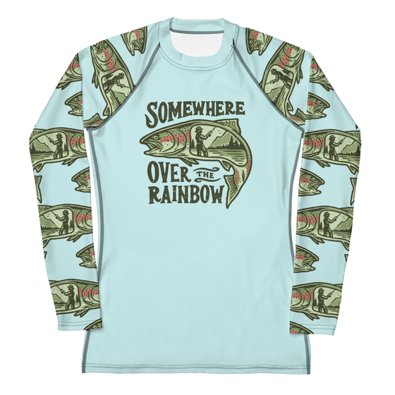 somewhere over the rainbow trout fishing rash guard shirt in light blue for women anglers from River to Ridge Clothing Brand