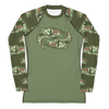 upf 50 rash guard shirt for women that has trout on it with lady anglers drawn inside of them on the chest and arms, olive green from River to Ridge Brand