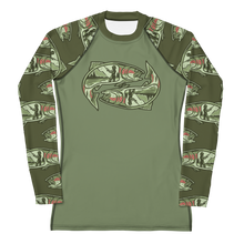  upf 50 rash guard shirt for women that has trout on it with lady anglers drawn inside of them on the chest and arms, olive green from River to Ridge Brand