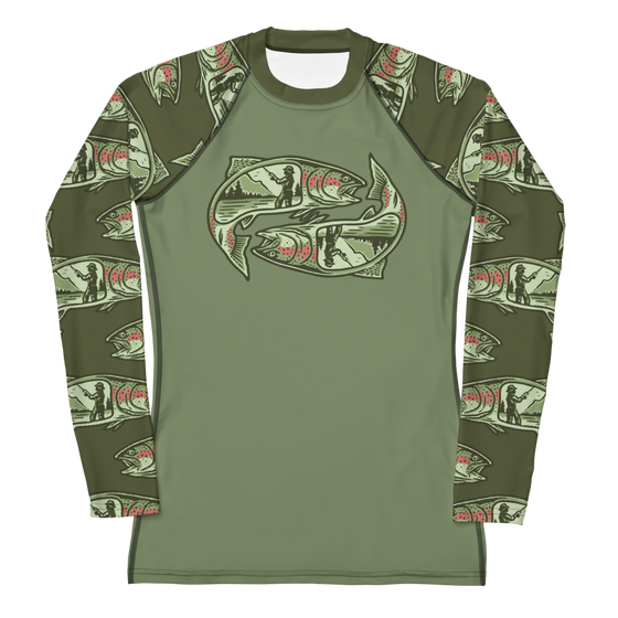 upf 50 rash guard shirt for women that has trout on it with lady anglers drawn inside of them on the chest and arms, olive green from River to Ridge Brand