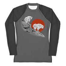  Mountain Goat UPF 50 Rashguard Sun Shirt in shades of grey with 2 mountain goats on a cliff and a red sun