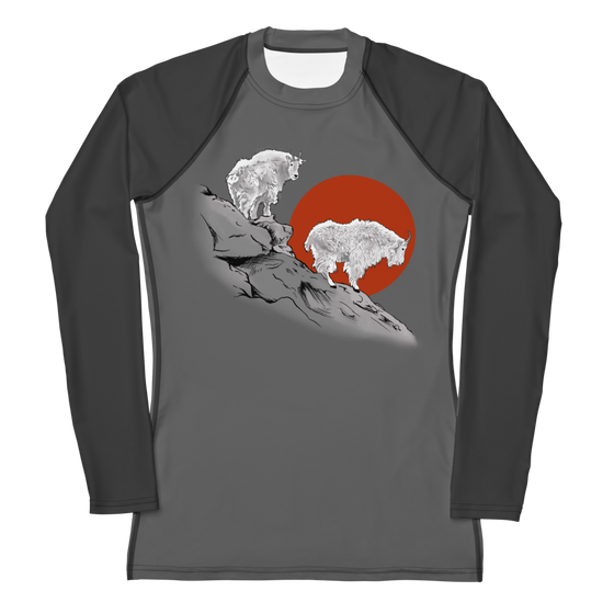 Mountain Goat UPF 50 Rashguard Sun Shirt in shades of grey with 2 mountain goats on a cliff and a red sun