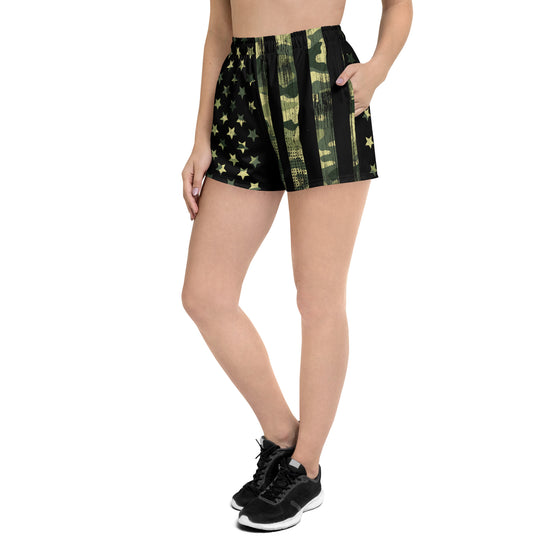 Camo Flag Relaxed Fit Shorts with Pockets on Woman in black tennis shoes