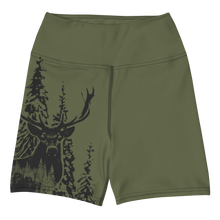  Womens Woodland Logo Shorts in ID Green Olive, featuring an elk in the forest on one side and a wide / high waistband from River to Ridge Brand