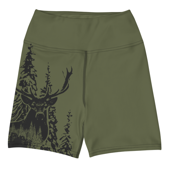 Womens Woodland Logo Shorts in ID Green Olive, featuring an elk in the forest on one side and a wide / high waistband from River to Ridge Brand